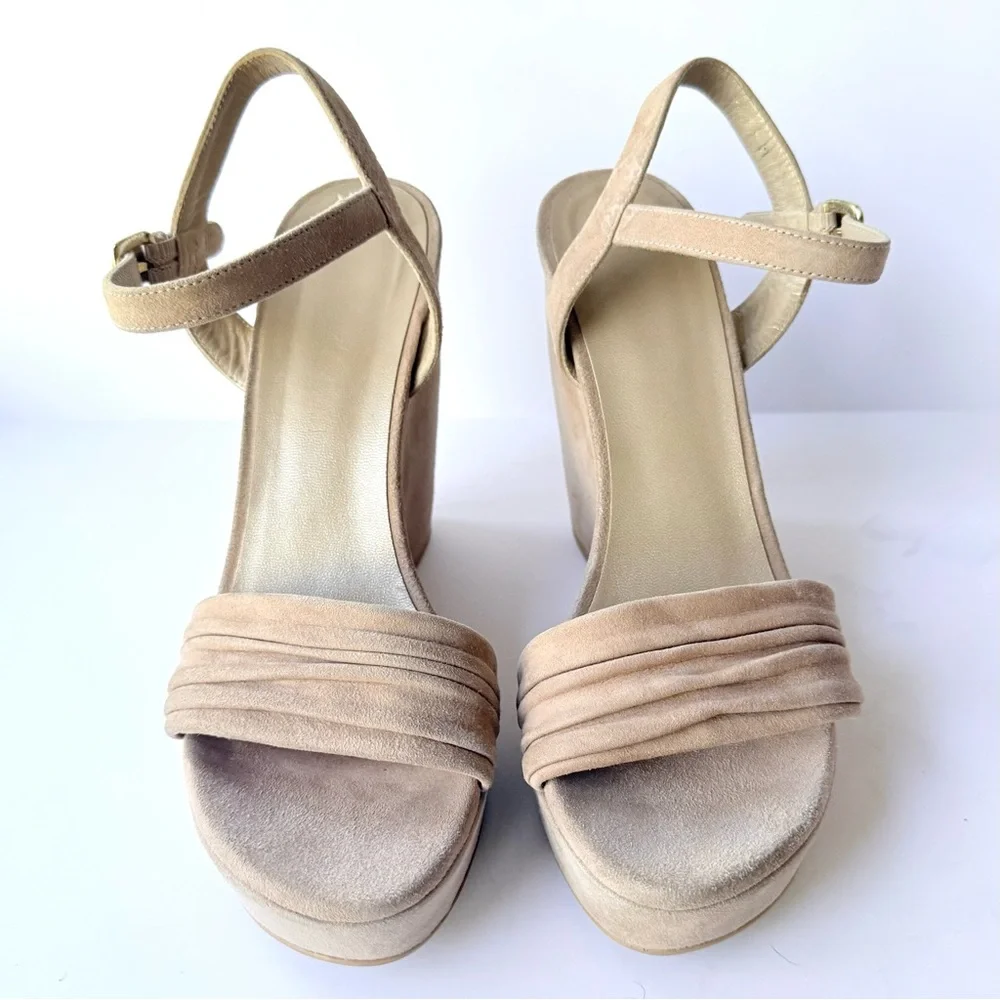 Stuart Weitzman Sundraped Tan / Beige Suede Wedge Ankle Strap Sandals 8.5